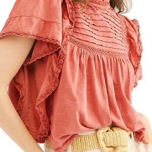 Free People Coral Pintuck Lace-Trim Flutter Sleeve Blouse